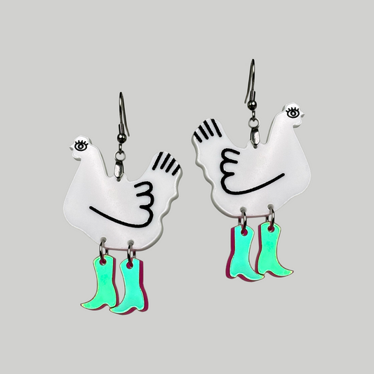 Chicken Boots Earrings: Playful and whimsical, these earrings feature miniature chicken boot designs that is fresh and exciting.