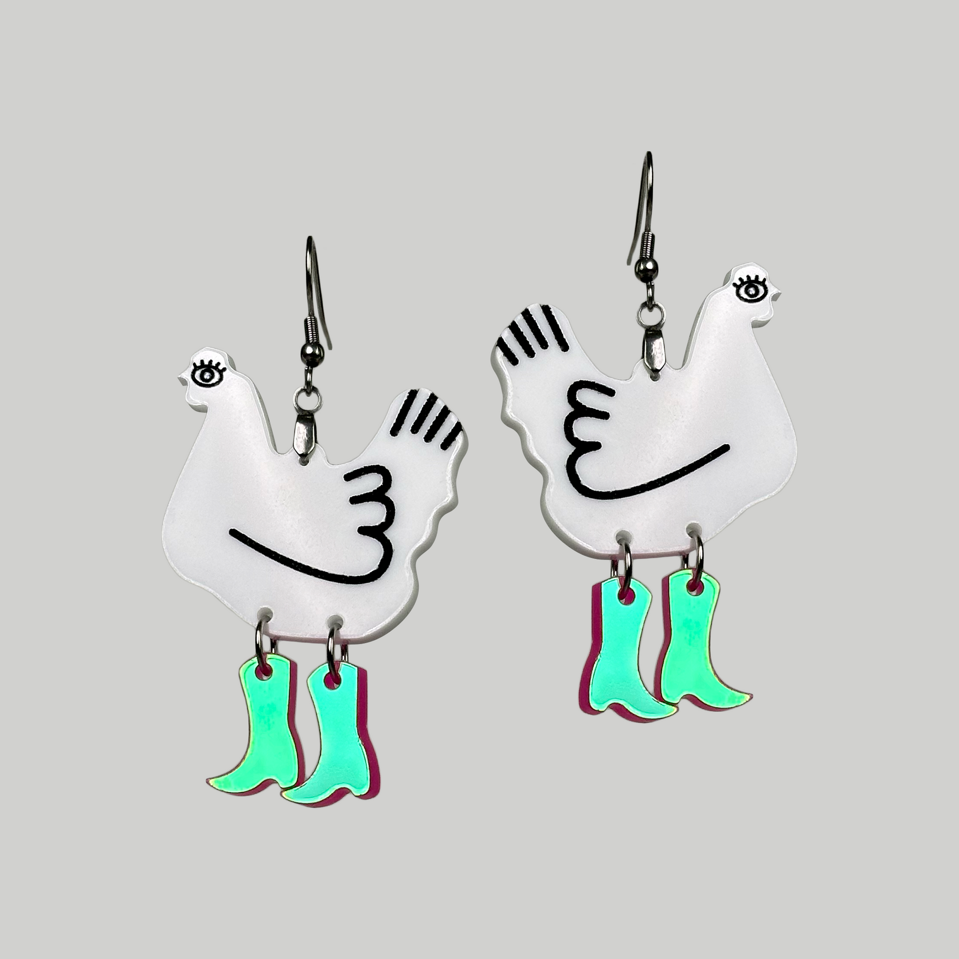 Chicken Boots Earrings: Playful and whimsical, these earrings feature miniature chicken boot designs that is fresh and exciting.