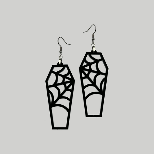 Coffin Web Earrings: These earrings feature a combination of coffin and web detail for a bold accessory.