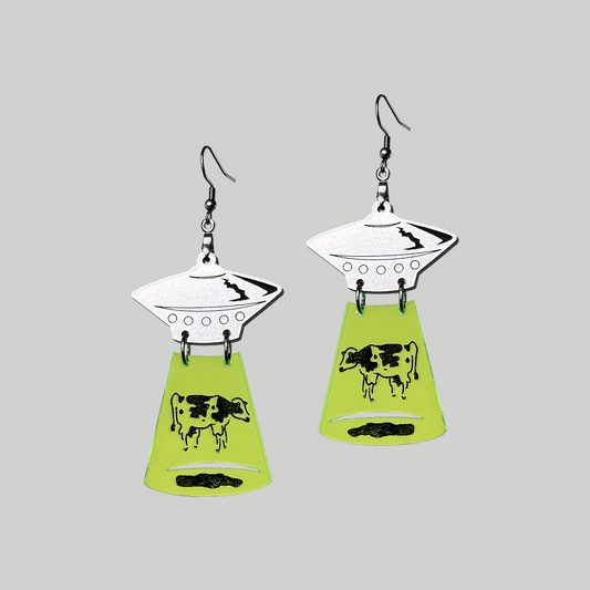 Cows and UFO Earrings: Quirky, these earrings combine cow and UFO mix is a top seller for sure