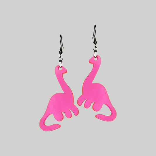 Pink Brachiosaurus dinosaur earrings, a delightful and charming accessory to accentuate your style with a touch of prehistoric whimsy.