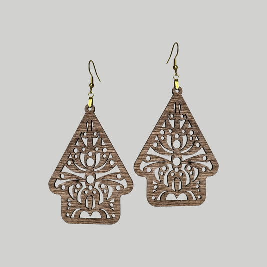 Artisan-crafted wooden house earrings with intricate cut-out details, adding a touch of rustic charm to your accessory collection.