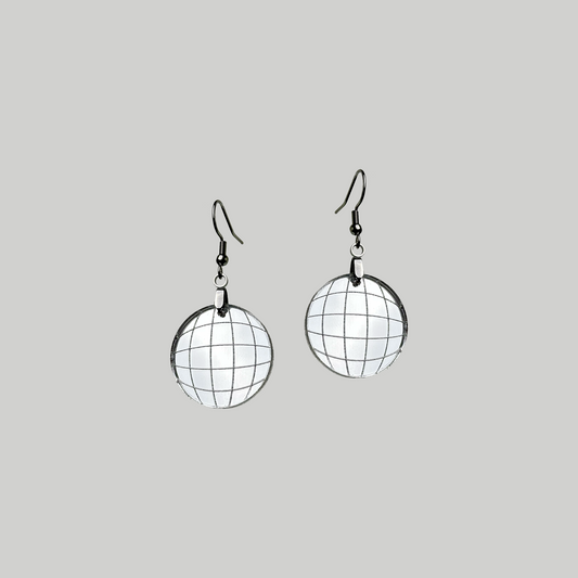 Earrings resembling shiny disco balls, crafted from etched mirrored acrylic for a glamorous and reflective dance of light.
