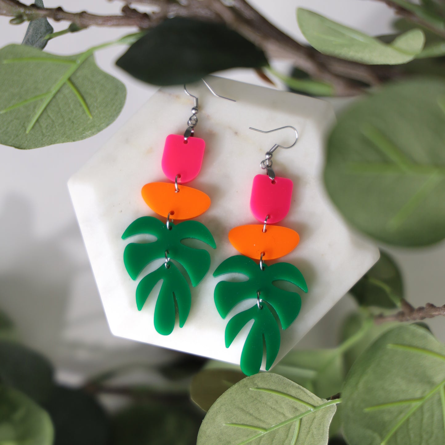 Leaves and tropical earrings pink and orange and green